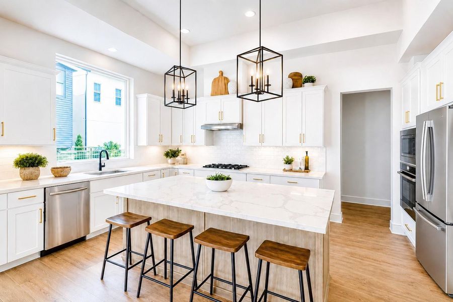 Gorgeous Kitchen highlighted with European Style Cabinetry, Gold Cabinet Hardware and Luxury Fisher Paykel Appliances. (pic was virtually staged)