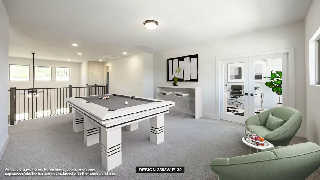 Recreation room with carpet flooring, french doors, recessed lighting, billiards, and attic access