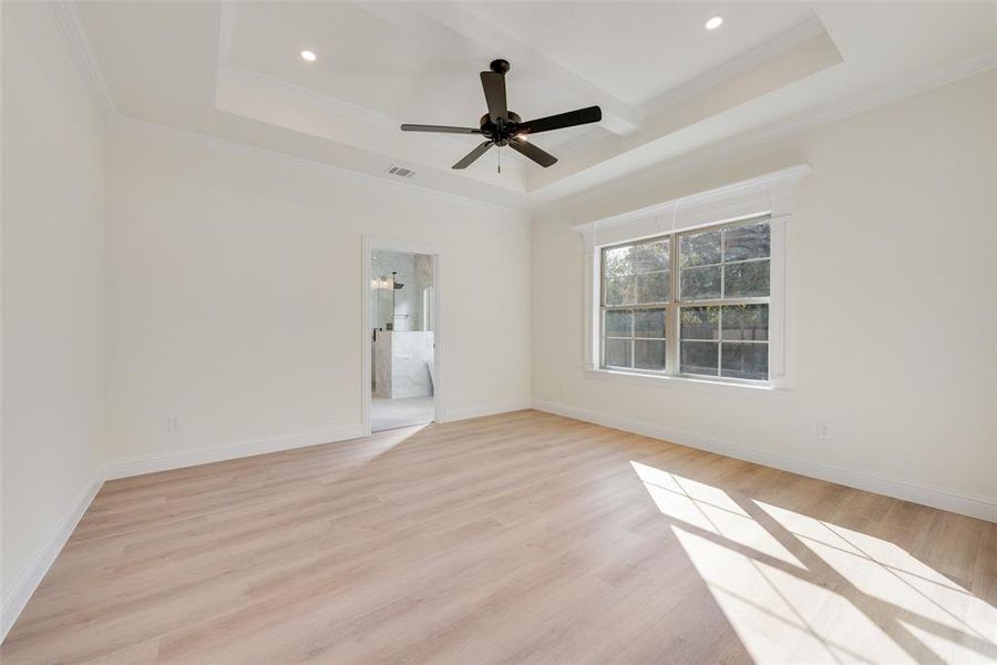 Unfurnished room with crown molding, ceiling fan, light wood-type flooring, and a raised ceiling