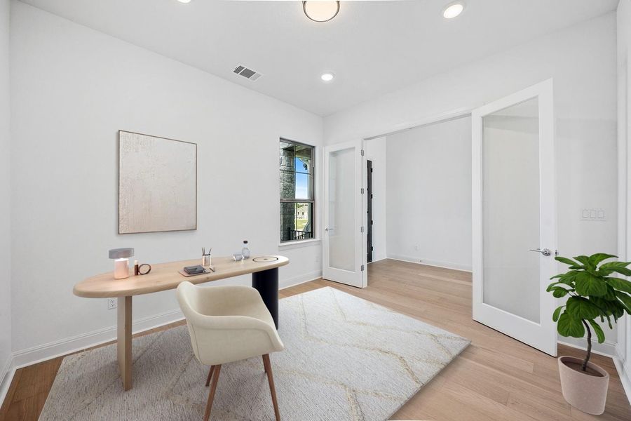 Virtually Staged Office area with french doors, light wood-style floors, and recessed lighting