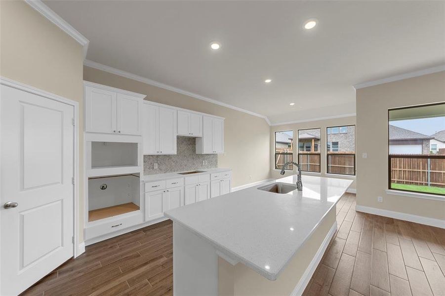Open-concept kitchen featuring an expansive island with an undermount sink and gooseneck faucet