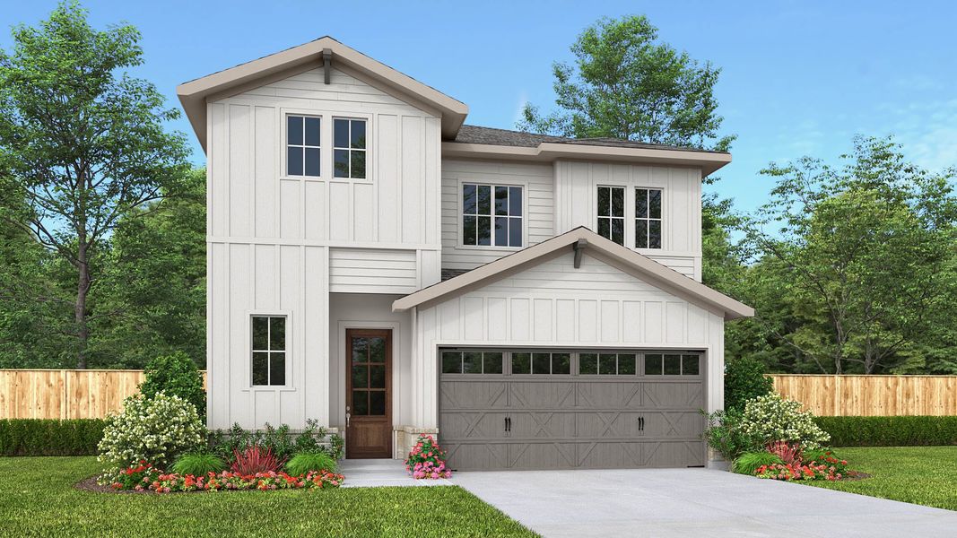 Front exterior of a new home in Solms Landing, New Braunfels, TX, highlighting curb appeal (Image 1). Front exterior of a new home in Solms Landing, New Braunfels, TX, highlighting curb appeal (Image 1).