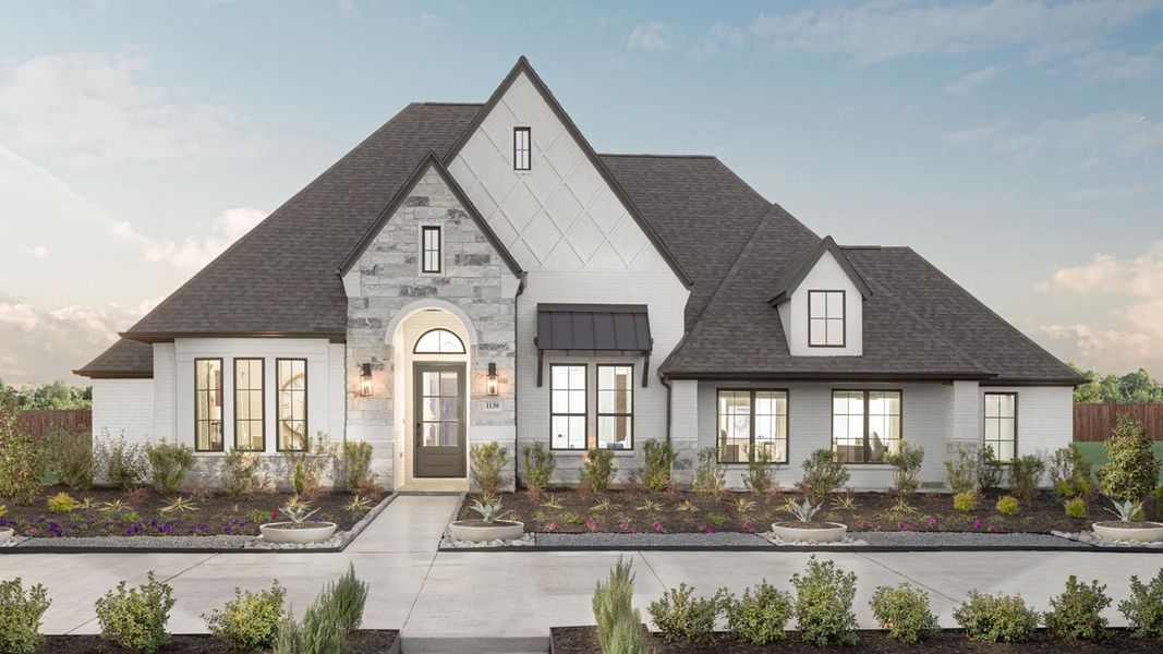 Front exterior of a new home in Parkside on the River West, Georgetown, TX, highlighting curb appeal (Image 20).