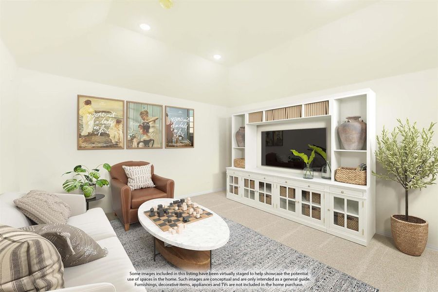Living room with white built-in entertainment center, sofa, and carpeted floors Living room with white built-in entertainment center, sofa, and carpeted floors
