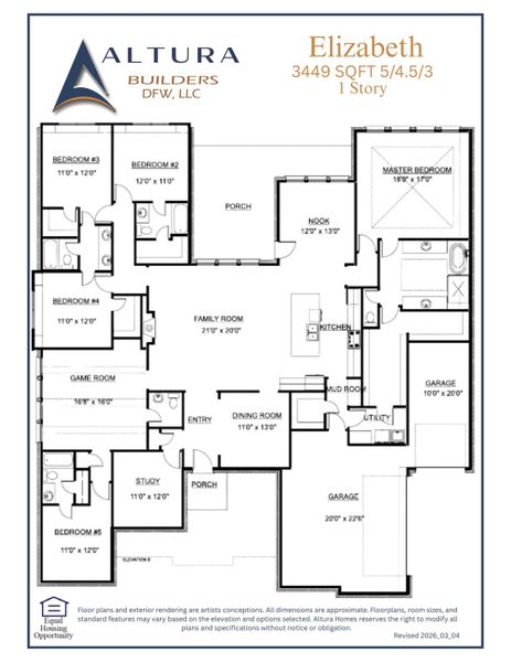 2D floor plan layout for the Elizabeth by Altura Homes in Talbott Estates, Howe, TX (Image 4).