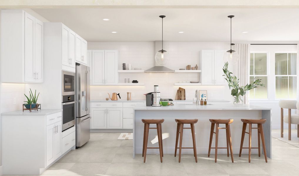 Kitchen with pendant lighting and floating shelves