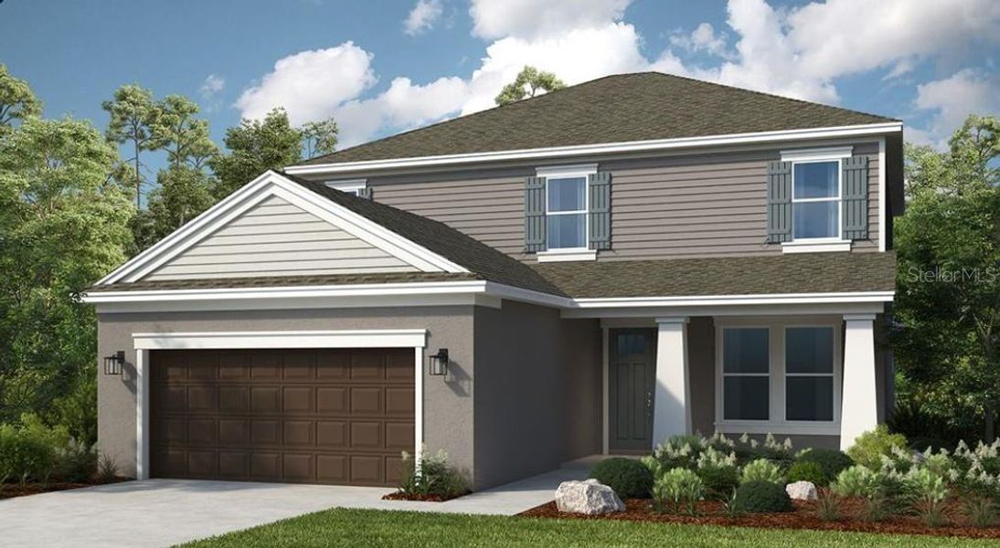Front exterior of a new home in Palms at Coasterra, Palmetto, FL, highlighting curb appeal (Image 1).