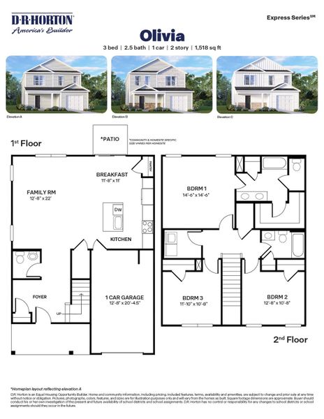 2D floor plan layout for the Olivia by D.R. Horton in Jetstream Park, Wilson, NC (Image 3).