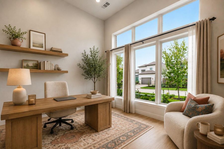 A dedicated home office, ideally situated just off the entry and enhanced with French doors and plentiful natural light, offers a quiet and inspiring workspace. *VIRTUALLY STAGED