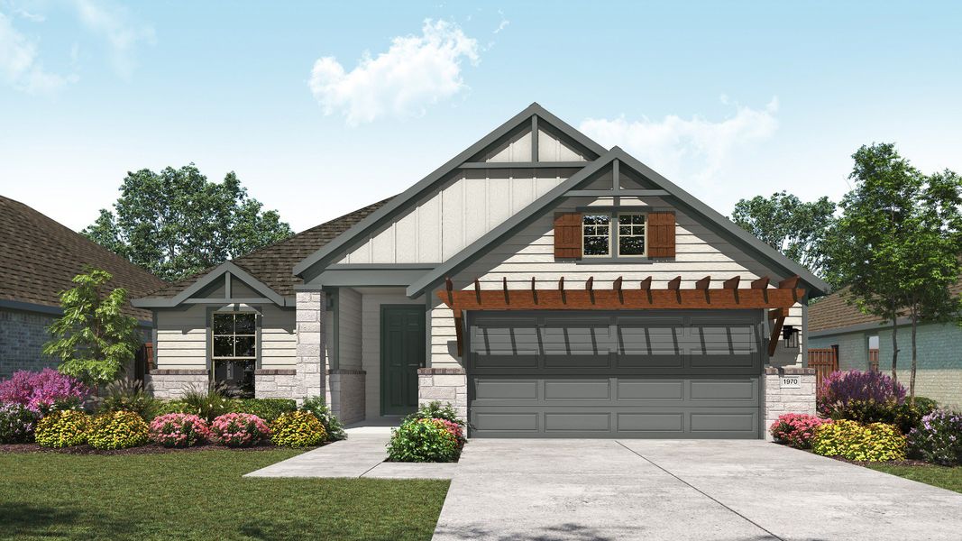 Representative exterior photo of a completed home built from the Palm by DRB Homes in Heritage Mill, Hutto, TX (Image 5). Representative exterior photo of a completed home built from the Palm by DRB Homes in Heritage Mill, Hutto, TX (Image 5).