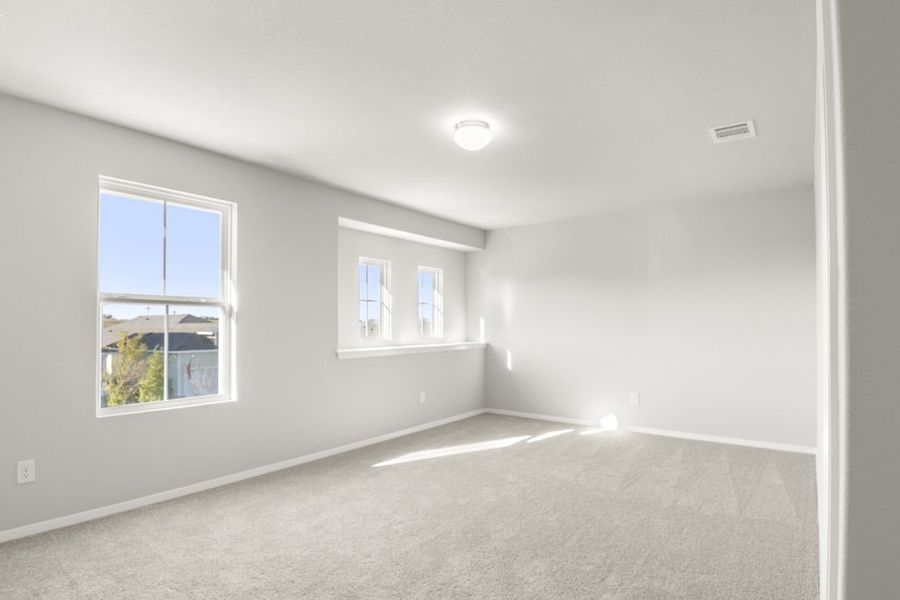 Image of a bedroom with tan carpeting and light grey painted walls with two windows Image of a bedroom with tan carpeting and light grey painted walls with two windows