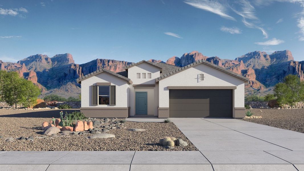 Front exterior of a new home in Radiance at Superstition Vistas, Mesa, AZ, highlighting curb appeal (Image 1).