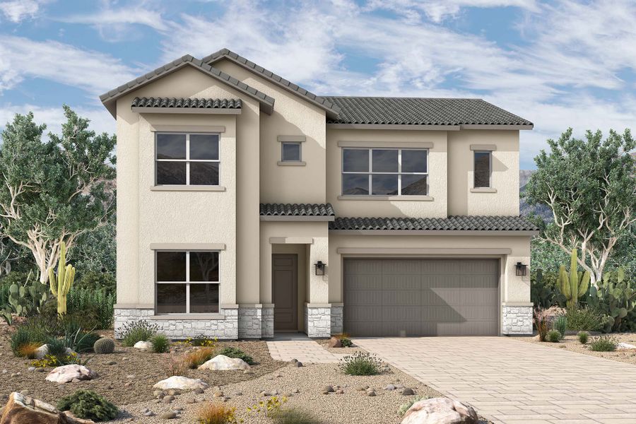 Front exterior of a new home in Tavolo at Soleo, San Tan Valley, AZ, highlighting curb appeal (Image 2). Front exterior of a new home in Tavolo at Soleo, San Tan Valley, AZ, highlighting curb appeal (Image 2).