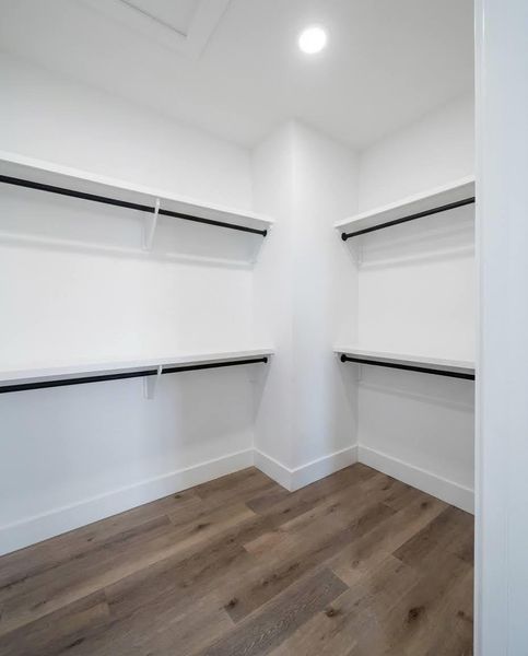 Walk in closet featuring dark wood-type flooring