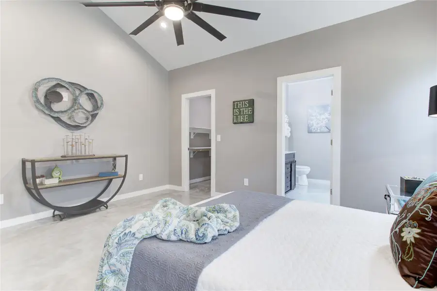 Bedroom featuring a walk in closet, a ceiling fan, baseboards, ensuite bathroom, and high vaulted ceiling