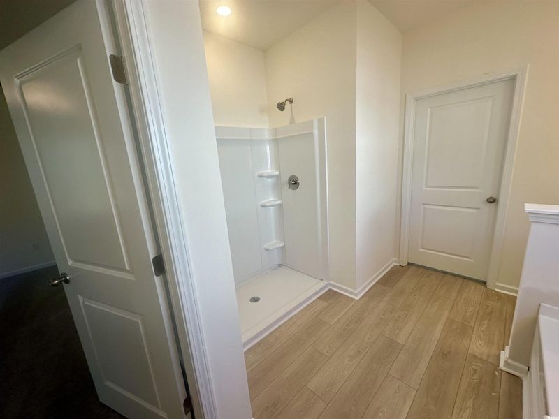 Bathroom with light wood-type flooring and a stall shower Bathroom with light wood-type flooring and a stall shower