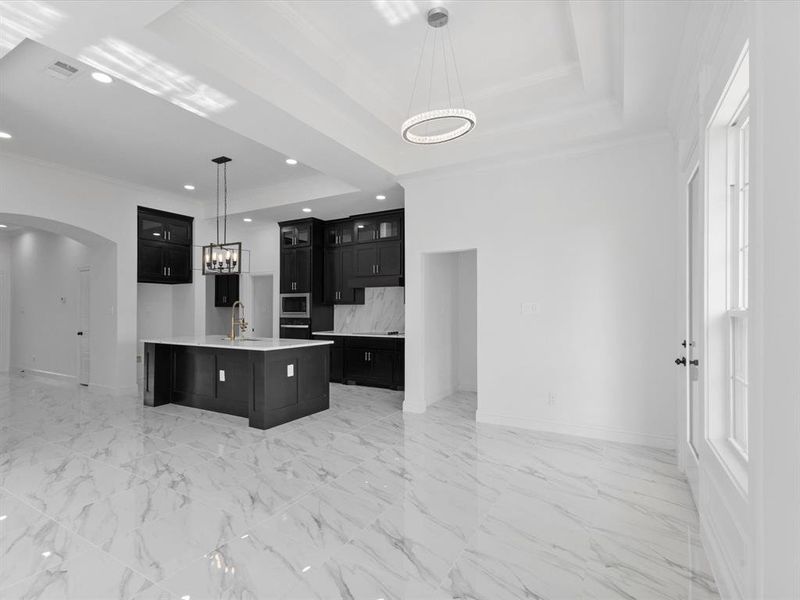 Kitchen featuring a sink, dark cabinets, arched walkways, a tray ceiling, and recessed lighting