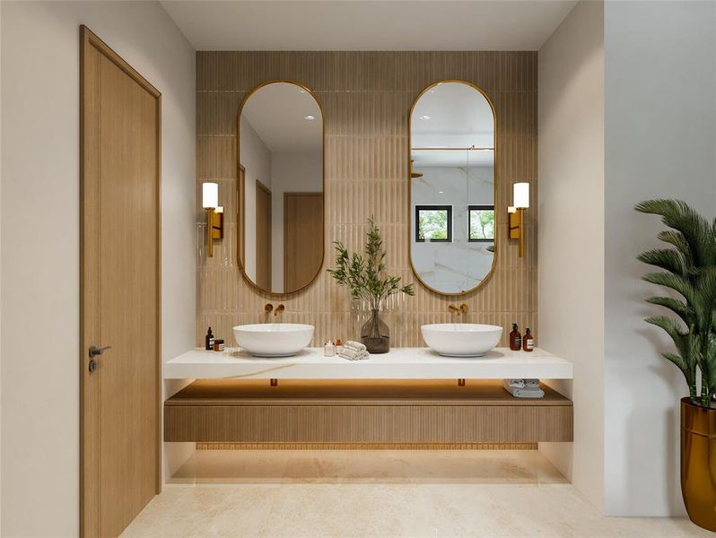 Full bathroom with double vanity, tile patterned flooring, and recessed lighting Full bathroom with double vanity, tile patterned flooring, and recessed lighting