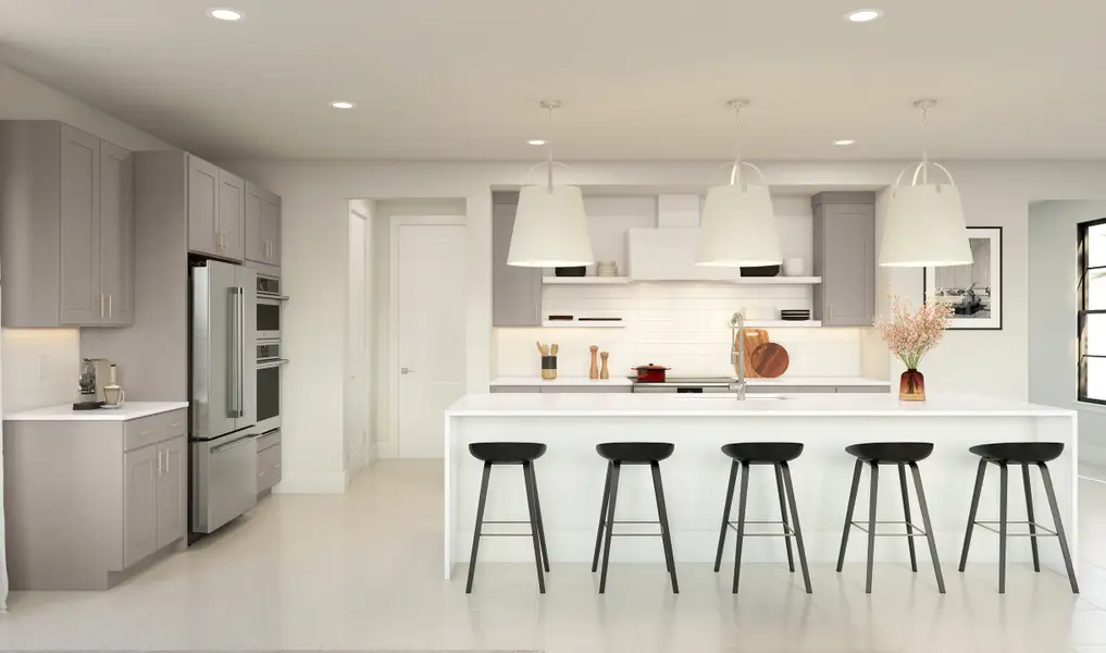 Kitchen with pendant lighting and open shelving