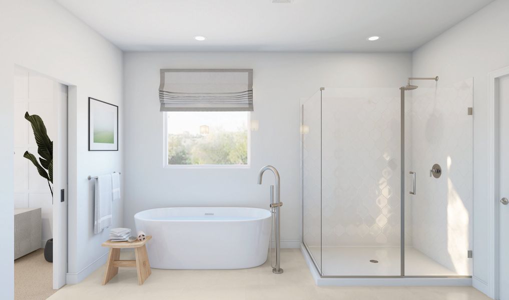 Freestanding tub and glass shower enclosure in primary bath