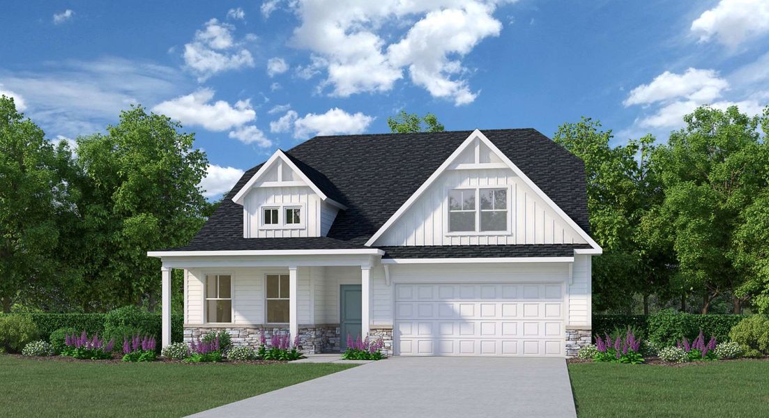 Front exterior of a new home in Hitchcock Preserve 60', Aiken, SC, highlighting curb appeal (Image 2).