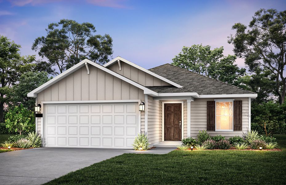 The Hewitt, a one-story home with 2-car garage, shown with Home Exterior HC103