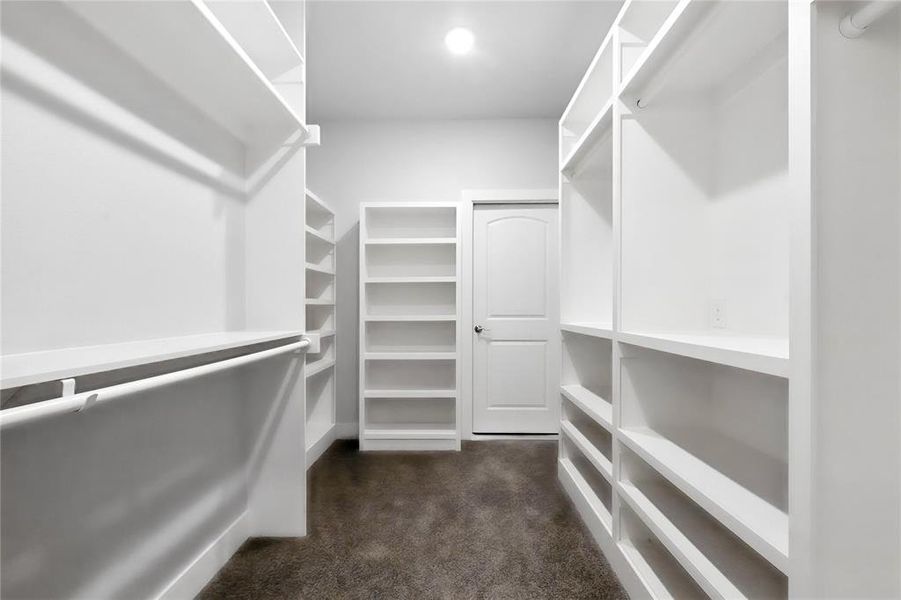 Spacious closet with dark carpet