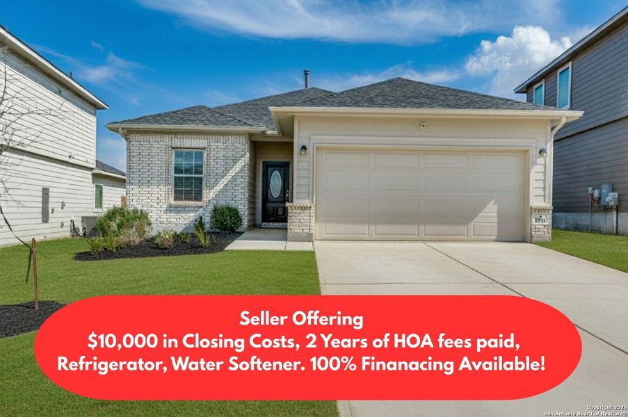 Front exterior of a new home in Hickory Ridge, Elmendorf, TX, highlighting curb appeal (Image 15). Front exterior of a new home in Hickory Ridge, Elmendorf, TX, highlighting curb appeal (Image 15).