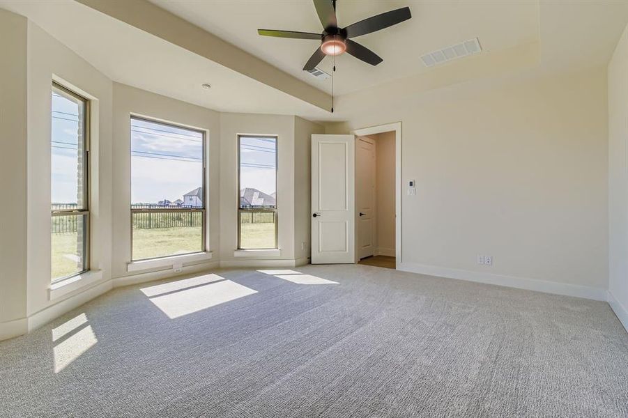 Empty room featuring carpet flooring, a raised ceiling, and a ceiling fan