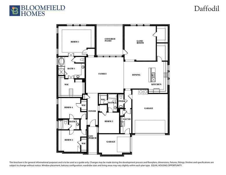 Bloomfield Homes Daffodil single-story floor plan with four bedrooms, game room, family room, kitchen, and two-car garage.