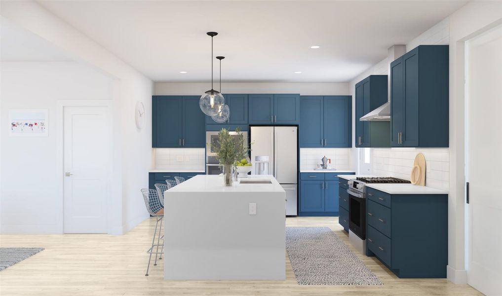 Gorgeous kitchen with blue cabinets and quartz counters (*Artist rendering used for illustration purposes only.)
