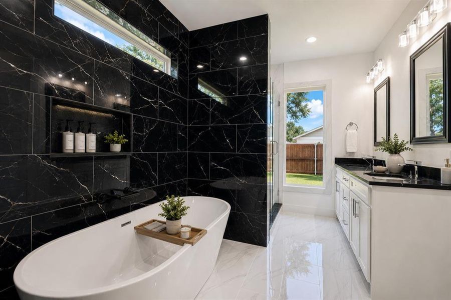Master Bathroom Free Standing Tub, floor to ceiling beautiful high gloss tile with soap dish Master Bathroom Free Standing Tub, floor to ceiling beautiful high gloss tile with soap dish