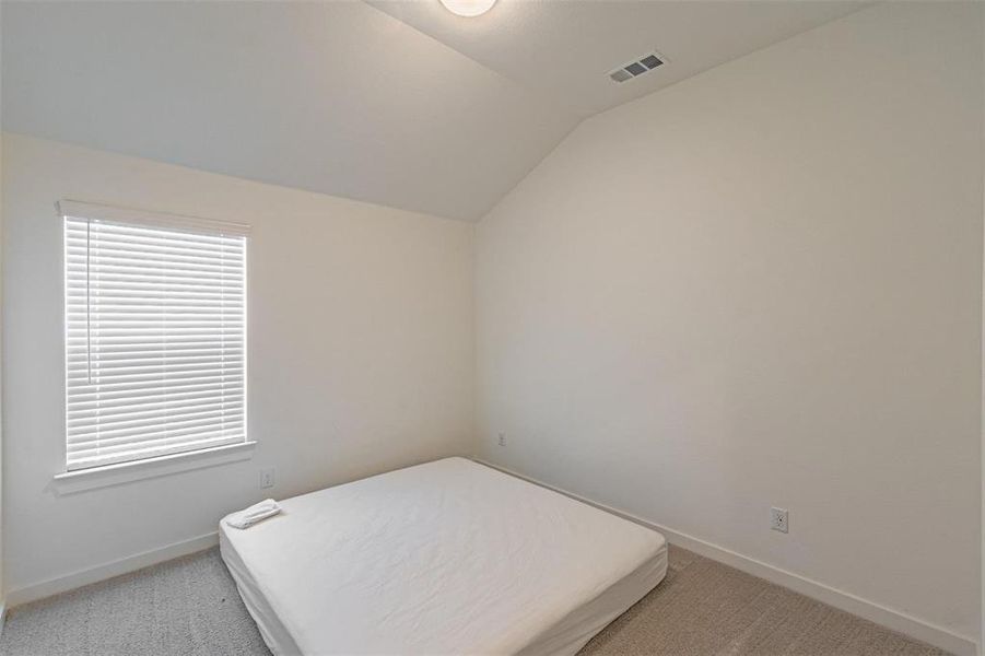 Unfurnished bedroom featuring vaulted ceiling and light carpet