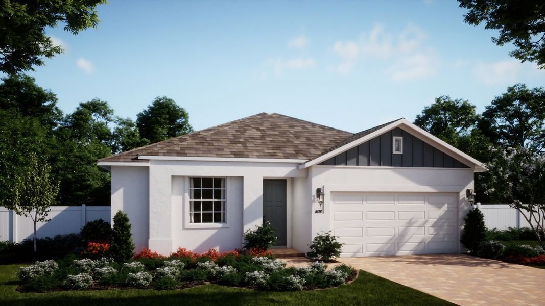 Representative exterior photo of a completed home built from the Selby Flex by Risewell Homes in Trinity Lakes, Groveland, FL (Image 14). Representative exterior photo of a completed home built from the Selby Flex by Risewell Homes in Trinity Lakes, Groveland, FL (Image 14).