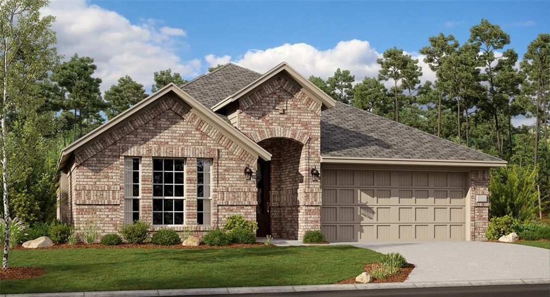 View of front facade with a garage and a front lawn