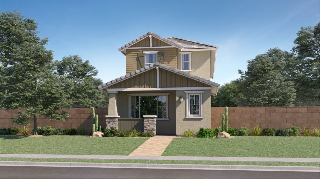 Front exterior of a new home in Western Garden, Phoenix, AZ, highlighting curb appeal (Image 1). Front exterior of a new home in Western Garden, Phoenix, AZ, highlighting curb appeal (Image 1).
