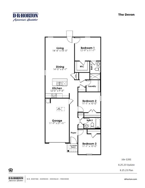 2D floor plan layout for the DEVON by D.R. Horton in Jordanville Farms, Galivants Ferry, SC (Image 3).