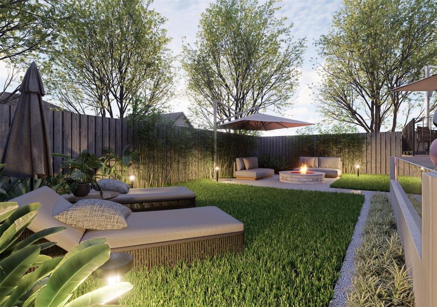 This design vision highlights a cozy fire pit enclave framed by lush greenery and modern loungers — the perfect spot for golden-hour gatherings or late-night conversations under the stars.