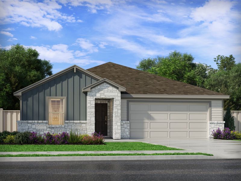 Front exterior of a new home in Creekfall, Burnet, TX, highlighting curb appeal (Image 1).