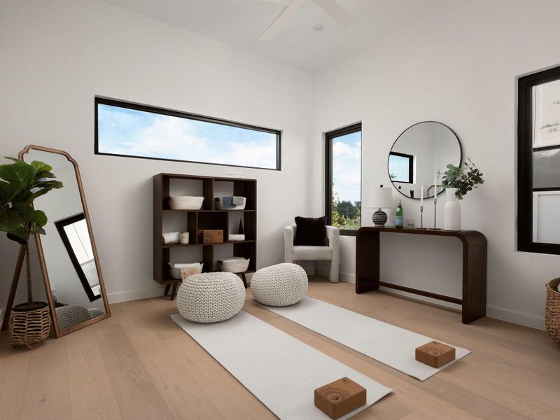 A serene, light-filled bedroom with clean architectural lines, and generous space.