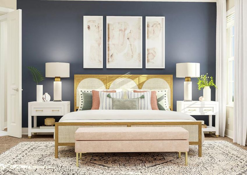 Rendering of spacious master bedroom with
  large wood framed bed and matching nightstands and decor along a blue accent
  wall with a view of the master bath to the left and beige carpet flooring
  throughout.