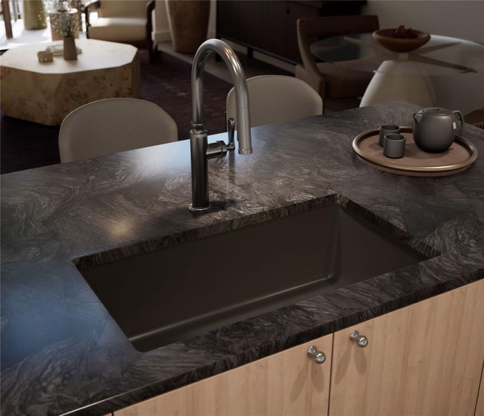 Kitchen with a breakfast bar, hanging light fixtures, wood finished floors, recessed lighting, quartzite countertop and Thermador appliances. Twilight Palette