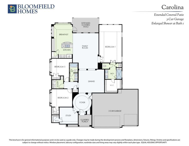Bloomfield Homes Carolina floor plan with 3 bedrooms, study, family room, dining, and 3-car garage