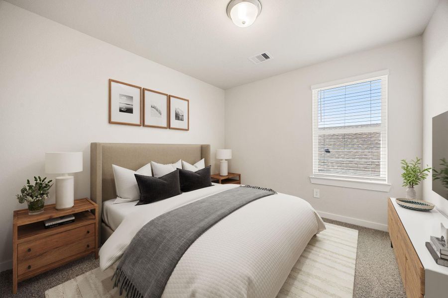 This secondary bedroom offers comfort and style with plush carpeting, neutral paint tones, globe lighting, a large window with blinds, and a generously sized closet. *Virtually Staged This secondary bedroom offers comfort and style with plush carpeting, neutral paint tones, globe lighting, a large window with blinds, and a generously sized closet. *Virtually Staged