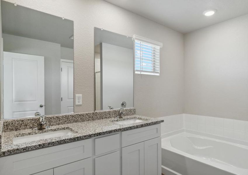 The master bathroom of the Platte has dual sinks and plenty of vanity space.