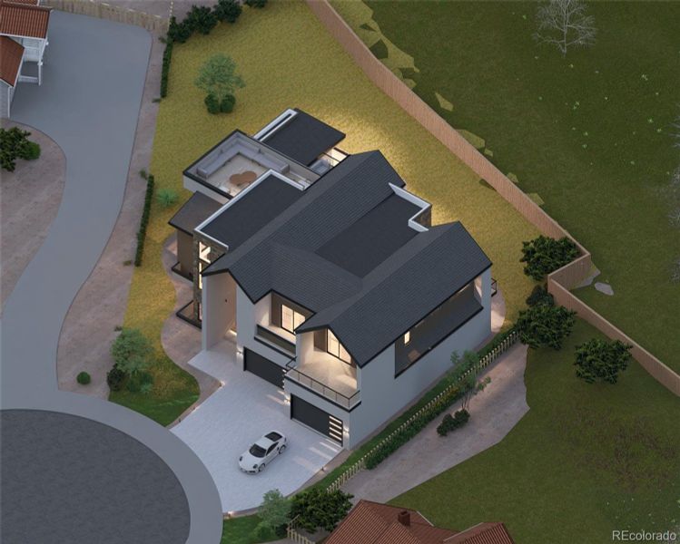 Rendering of new luxury home coming soon showcasing multiple outdoor entertainment areas with panoramic mountain views.