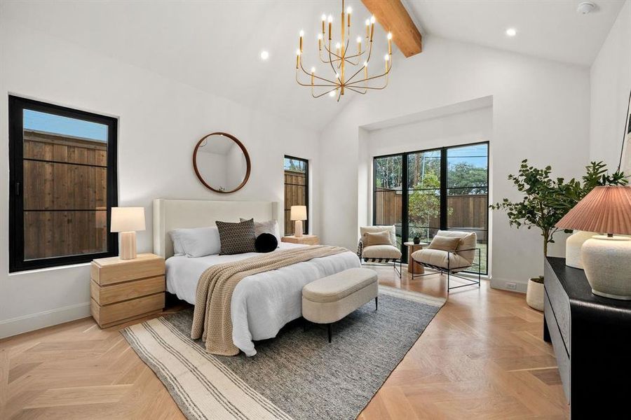 Bedroom with high vaulted ceiling, beamed ceiling, parquet floors, a chandelier, and recessed lighting Bedroom with high vaulted ceiling, beamed ceiling, parquet floors, a chandelier, and recessed lighting