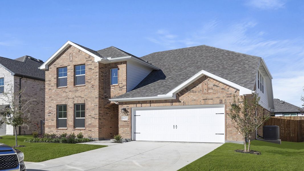 Front exterior of a new home in Keeneland, Aubrey, TX, highlighting curb appeal (Image 2). Front exterior of a new home in Keeneland, Aubrey, TX, highlighting curb appeal (Image 2).