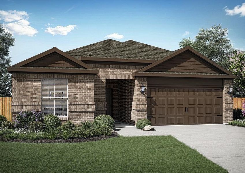 The Reed is a single-story home with brick and brown siding.