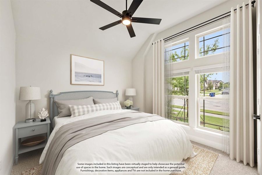 Bedroom with vaulted ceiling, ceiling fan, large windows, and neutral carpet flooring Bedroom with vaulted ceiling, ceiling fan, large windows, and neutral carpet flooring